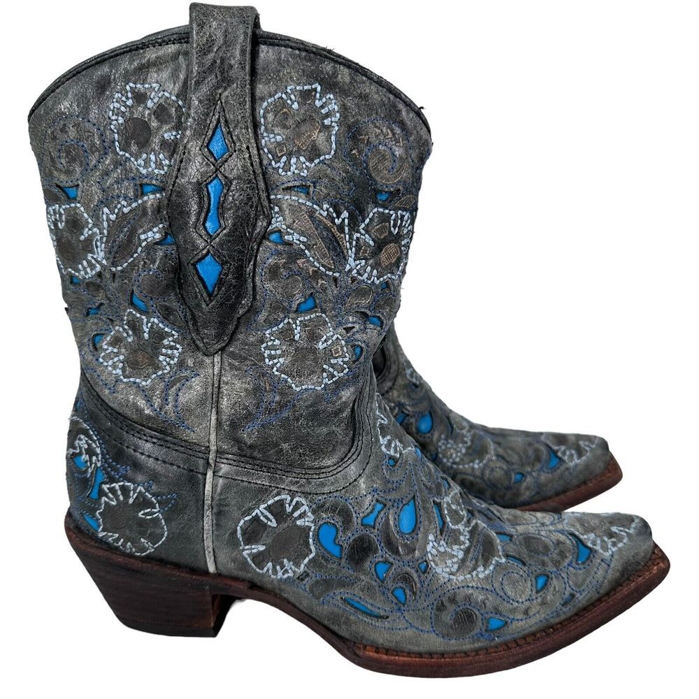 CORRAL Snip Toe Boots Blue Gray Inlay Cowboy Angel Wing & Dove Size 6.5M